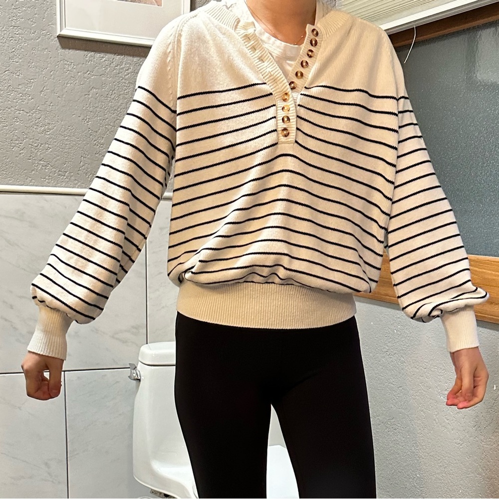 Balloon sleeve strip sweater, M , 100% cotton